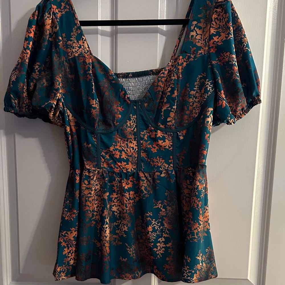 SHEIN Teal and Orange Floral Puff Sleeve Blouse 1XL